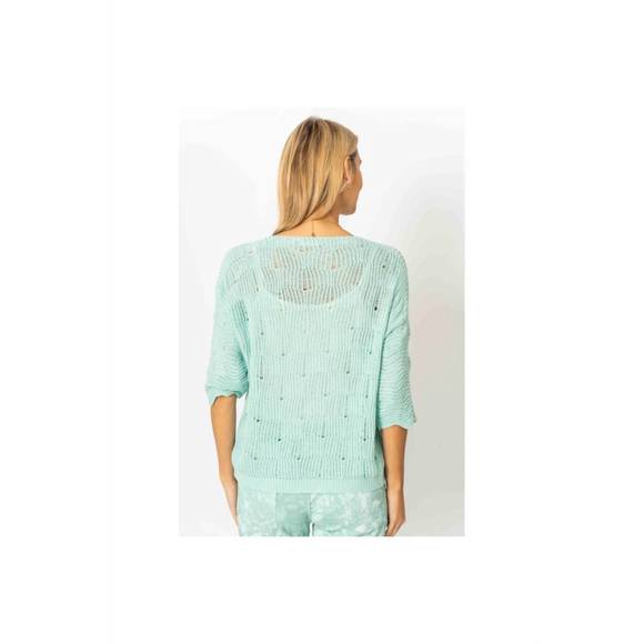 NEW LOOK MODE USA chic breeze v neck open weave sweater in aqua - Picture 2 of 3